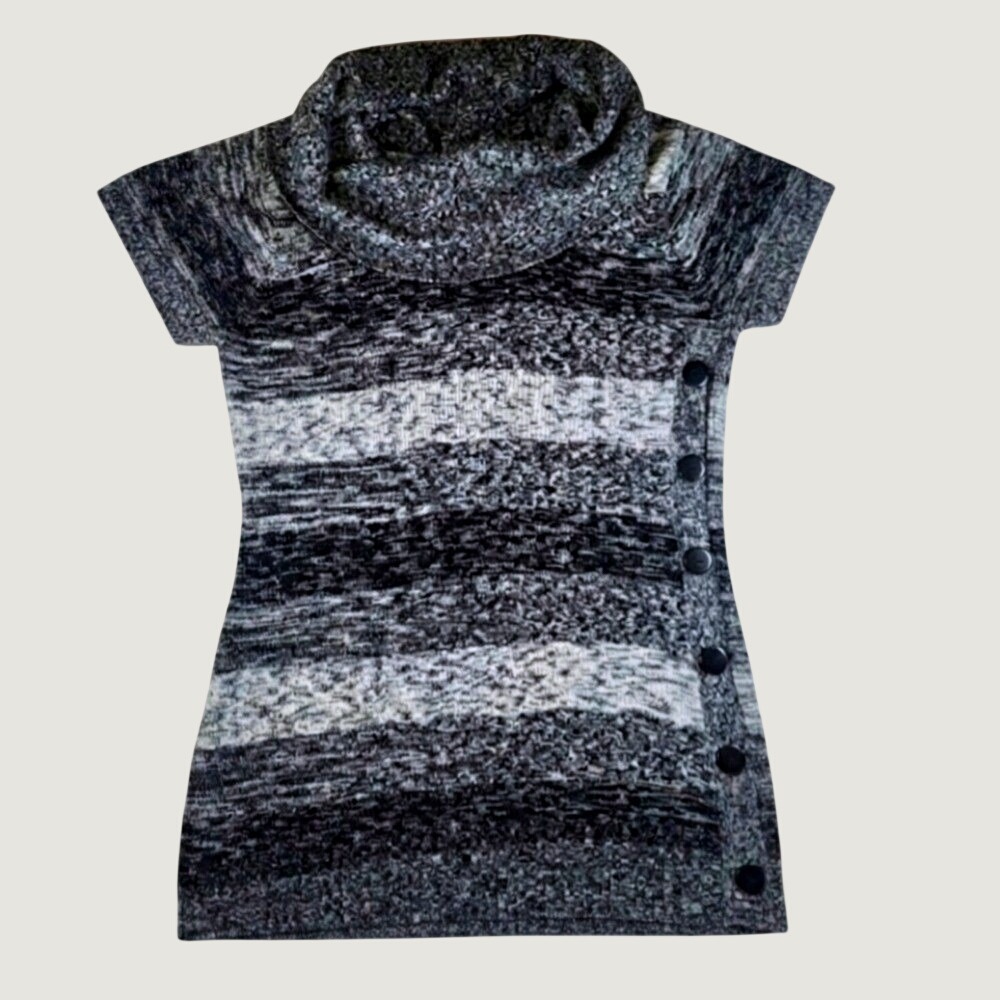 Extra Touch Plus Size 3X Cowl Neck Sweater Tunic Black White Striped Button Side
